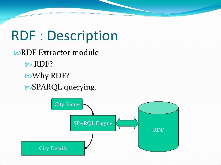 RDF : Description RDF Extractor module RDF? Why RDF? SPARQL querying. City Name SPARQL