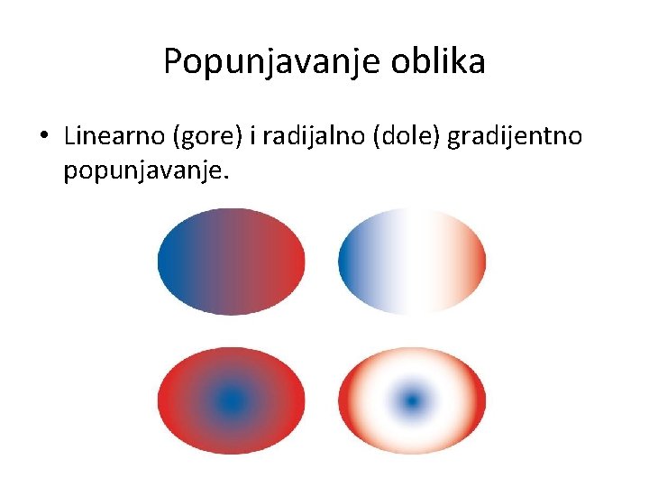 Popunjavanje oblika • Linearno (gore) i radijalno (dole) gradijentno popunjavanje. 