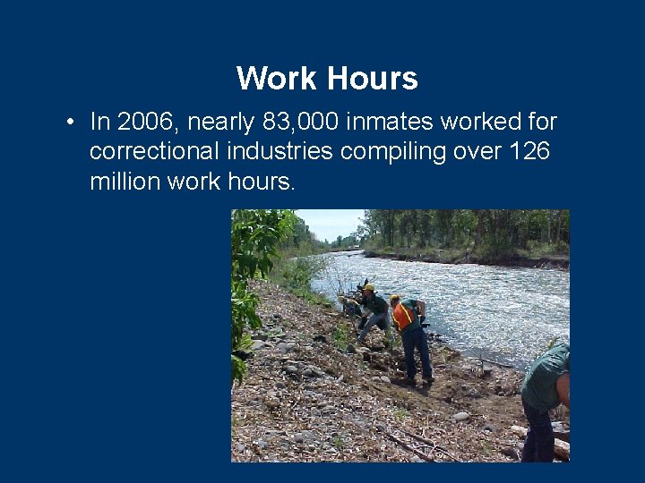 Work Hours • In 2006, nearly 83, 000 inmates worked for correctional industries compiling