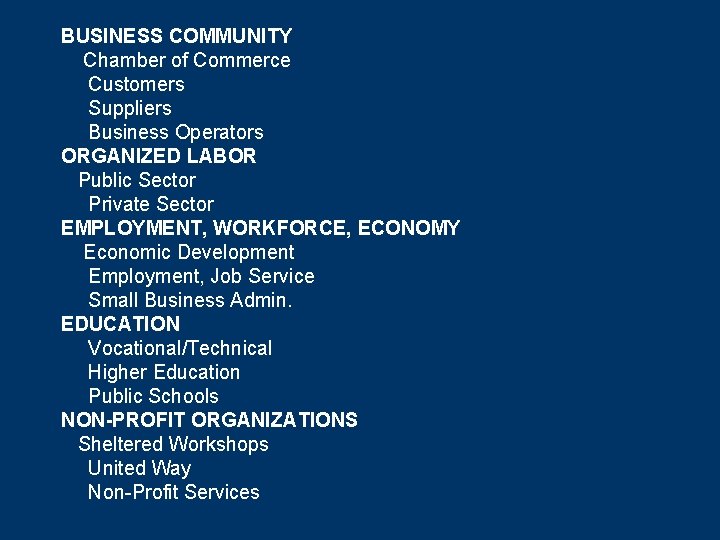 BUSINESS COMMUNITY Chamber of Commerce Customers Suppliers Business Operators ORGANIZED LABOR Public Sector Private