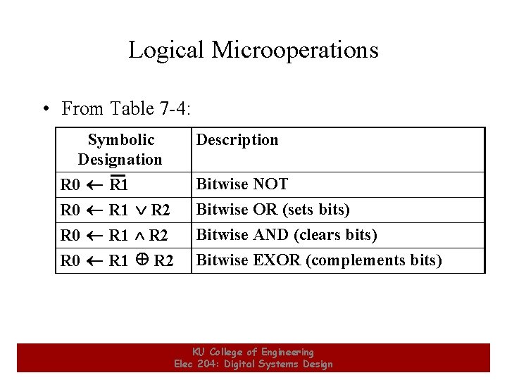 Logical Microoperations • From Table 7 -4: Symbolic Designation R 0 R 1 R