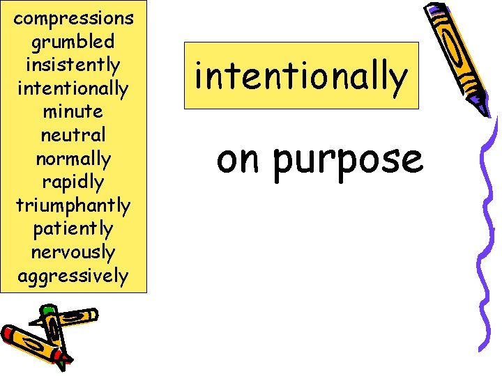 compressions grumbled insistently intentionally minute neutral normally rapidly triumphantly patiently nervously aggressively intentionally on