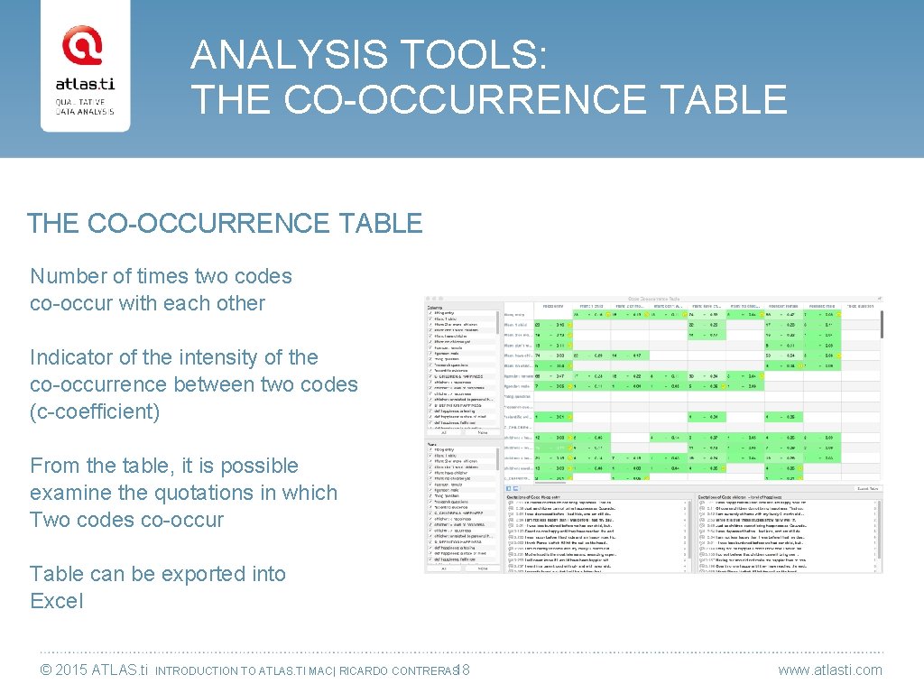 ANALYSIS TOOLS: THE CO-OCCURRENCE TABLE Number of times two codes co-occur with each other