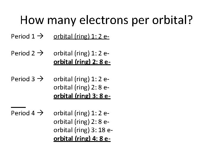 How many electrons per orbital? Period 1 orbital (ring) 1: 2 e- Period 2