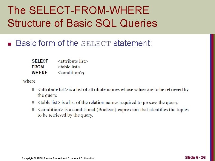 The SELECT-FROM-WHERE Structure of Basic SQL Queries n Basic form of the SELECT statement: The SELECT-FROM-WHERE Structure of Basic SQL Queries n Basic form of the SELECT statement: