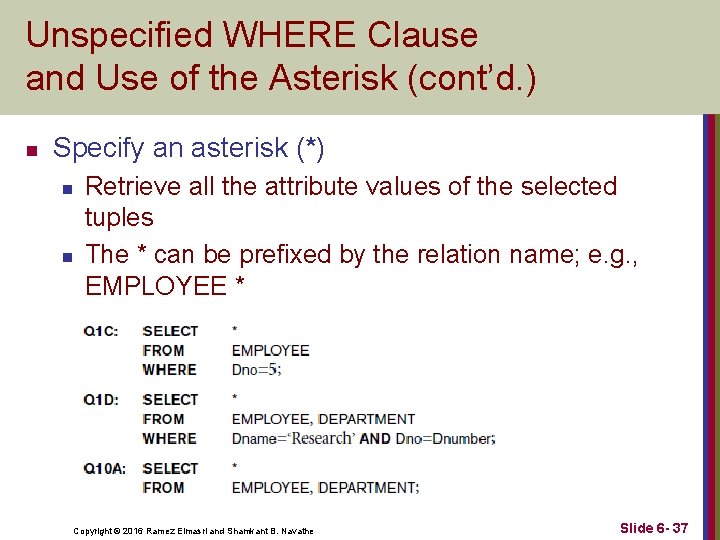 Unspecified WHERE Clause and Use of the Asterisk (cont’d. ) n Specify an asterisk Unspecified WHERE Clause and Use of the Asterisk (cont’d. ) n Specify an asterisk