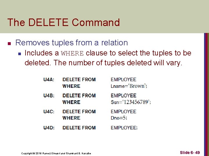 The DELETE Command n Removes tuples from a relation n Includes a WHERE clause The DELETE Command n Removes tuples from a relation n Includes a WHERE clause