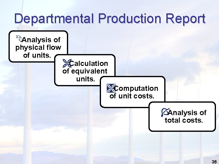 Departmental Production Report ÊAnalysis of physical flow of units. ËCalculation of equivalent units. ÌComputation