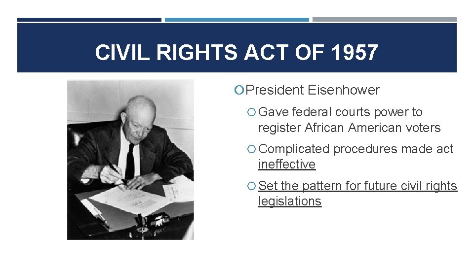 CIVIL RIGHTS ACT OF 1957 President Eisenhower Gave federal courts power to register African