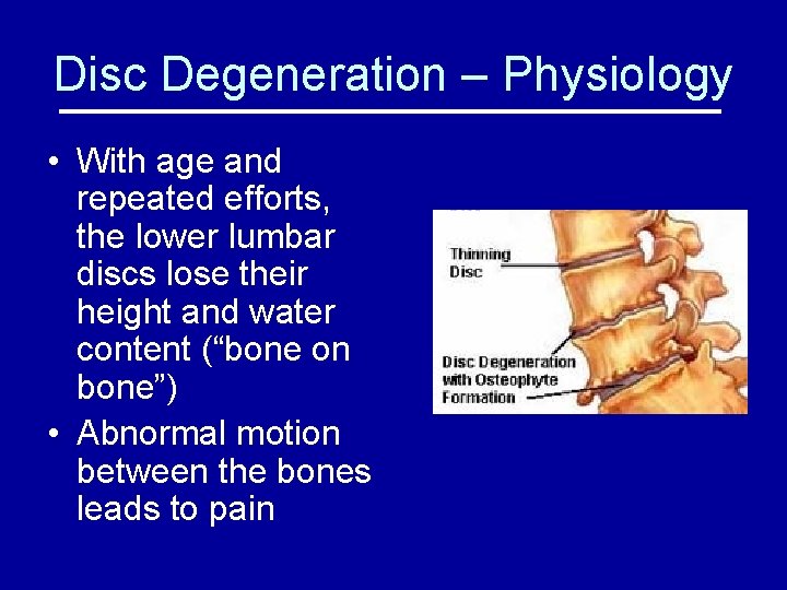 Disc Degeneration – Physiology • With age and repeated efforts, the lower lumbar discs