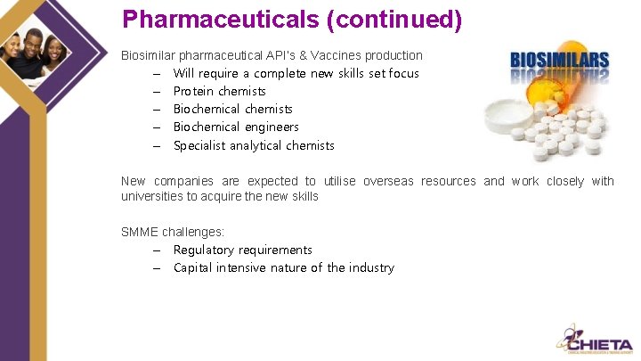 Pharmaceuticals (continued) Biosimilar pharmaceutical API’s & Vaccines production – Will require a complete new