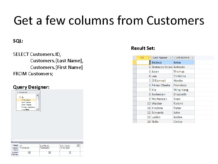 Get a few columns from Customers SQL: SELECT Customers. ID, Customers. [Last Name], Customers.