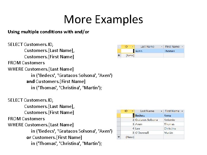 More Examples Using multiple conditions with and/or SELECT Customers. ID, Customers. [Last Name], Customers.