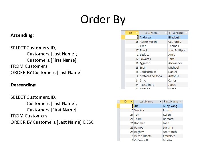 Order By Ascending: SELECT Customers. ID, Customers. [Last Name], Customers. [First Name] FROM Customers