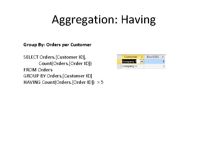 Aggregation: Having Group By: Orders per Customer SELECT Orders. [Customer ID], Count(Orders. [Order ID])