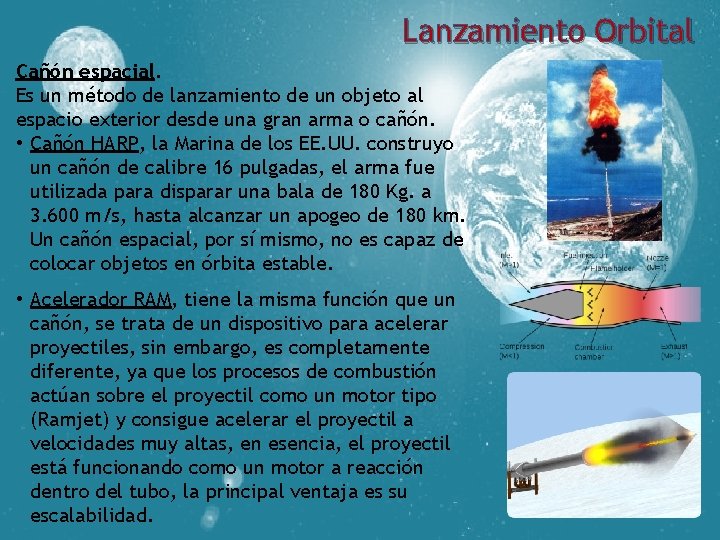 Lanzamiento Orbital Cañón espacial. Es un método de lanzamiento de un objeto al espacio