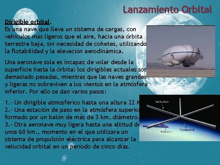 Lanzamiento Orbital Dirigible orbital. Es una nave que lleva un sistema de cargas, con