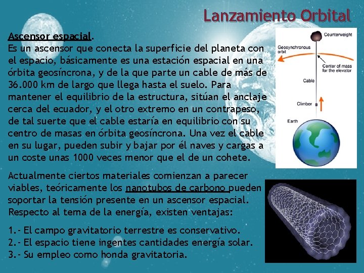 Lanzamiento Orbital Ascensor espacial. Es un ascensor que conecta la superficie del planeta con