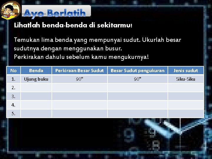 Lihatlah benda-benda di sekitarmu! Temukan lima benda yang mempunyai sudut. Ukurlah besar sudutnya dengan