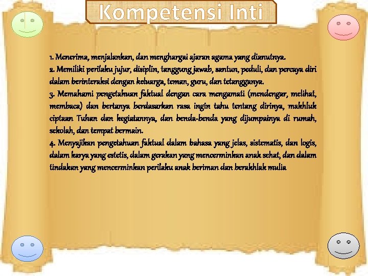 Kompetensi Inti 1. Menerima, menjalankan, dan menghargai ajaran agama yang dianutnya. 2. Memiliki perilaku