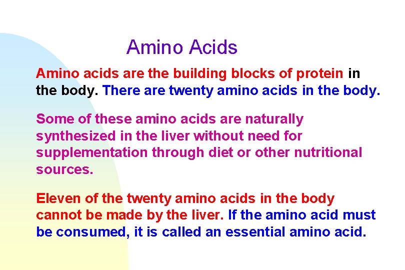Amino Acids Amino acids are the building blocks of protein in the body. There