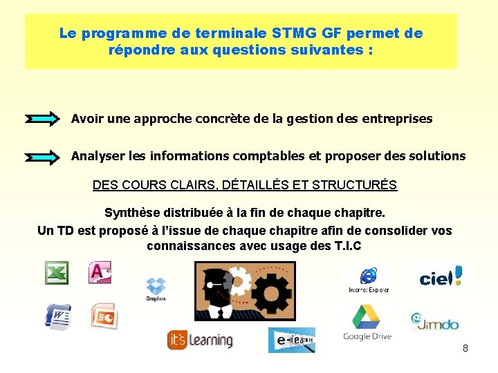 Le programme de terminale STMG GF permet de répondre aux questions suivantes : Avoir