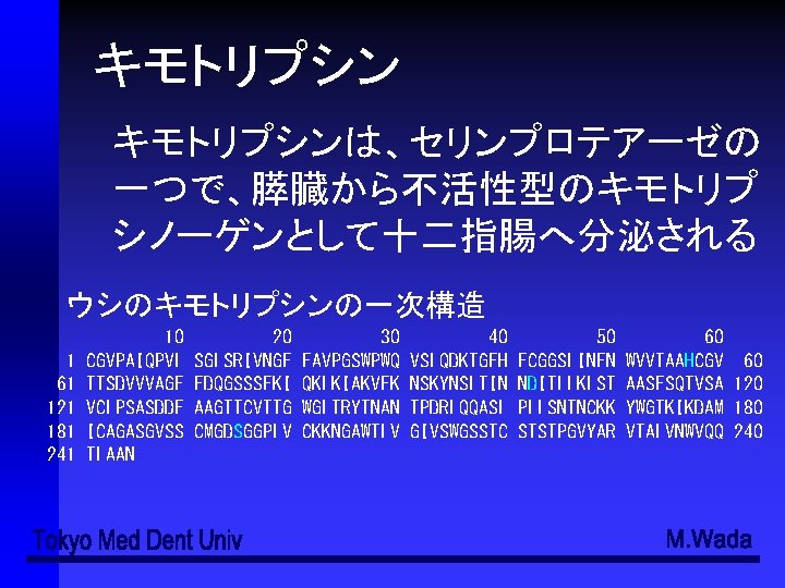 キモトリプシンは、セリンプロテアーゼの 一つで、膵臓から不活性型のキモトリプ シノーゲンとして十二指腸へ分泌される ウシのキモトリプシンの一次構造 1 61 121 181 241 10 CGVPAIQPVL TTSDVVVAGE VCLPSASDDF ICAGASGVSS