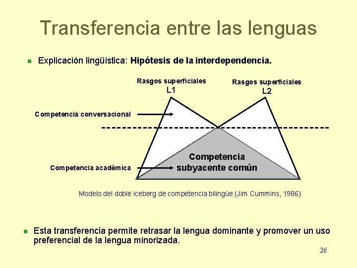 Transferencia entre las lenguas n Explicación lingüística: Hipótesis de la interdependencia. Rasgos superficiales L