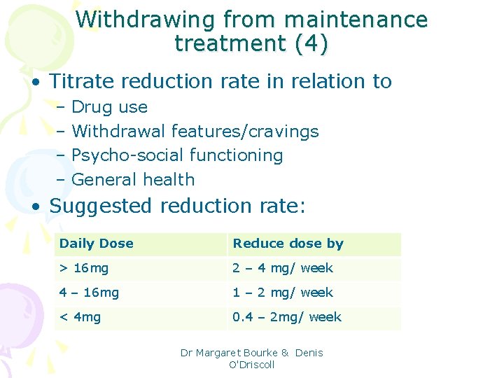 Withdrawing from maintenance treatment (4) • Titrate reduction rate in relation to – Drug