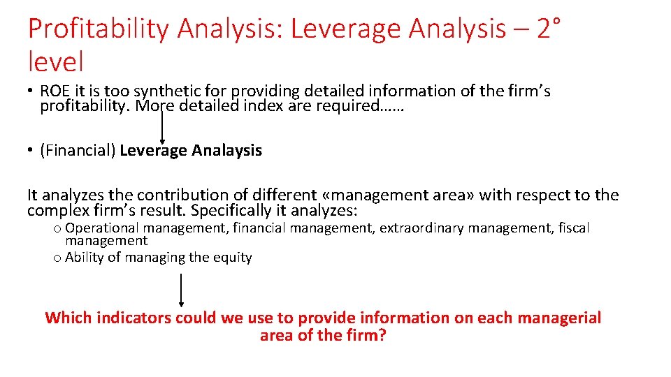 Profitability Analysis: Leverage Analysis – 2° level • ROE it is too synthetic for