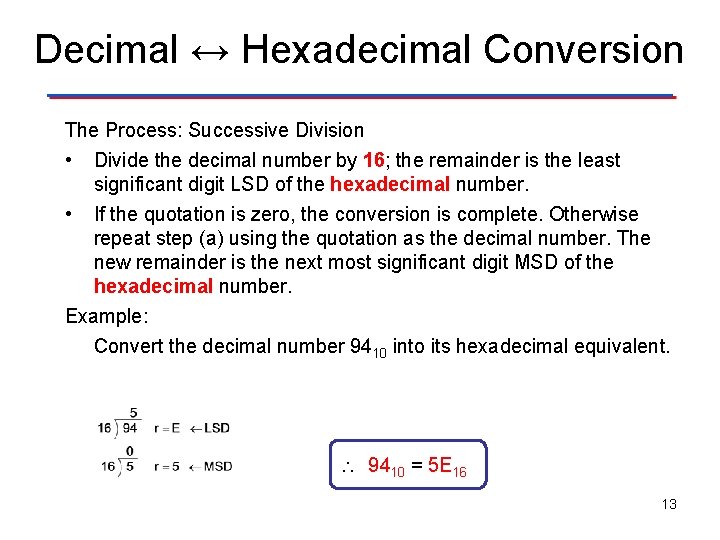Decimal ↔ Hexadecimal Conversion The Process: Successive Division • Divide the decimal number by