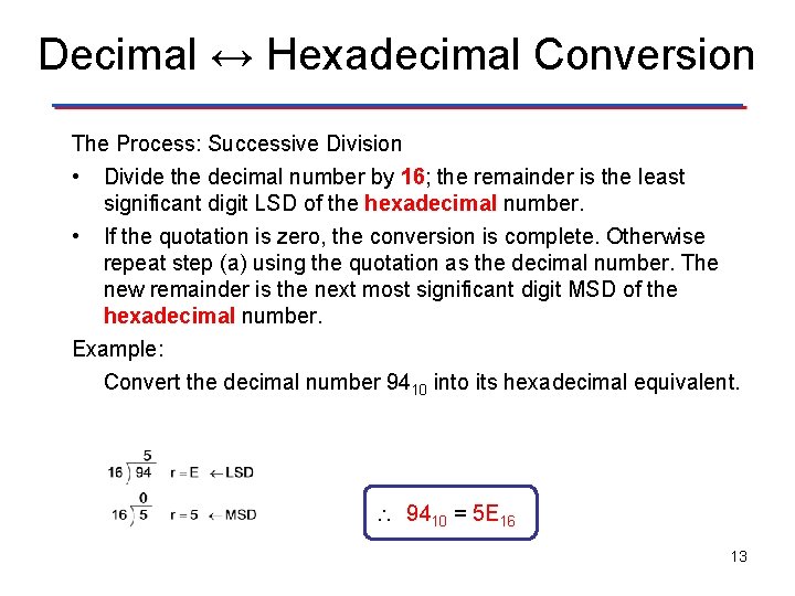 Decimal ↔ Hexadecimal Conversion The Process: Successive Division • Divide the decimal number by Decimal ↔ Hexadecimal Conversion The Process: Successive Division • Divide the decimal number by