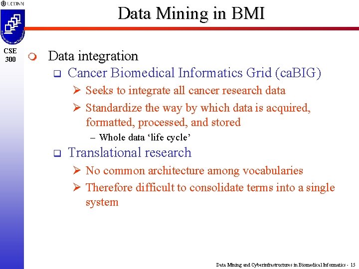 Data Mining in BMI CSE 300 m Data integration q Cancer Biomedical Informatics Grid