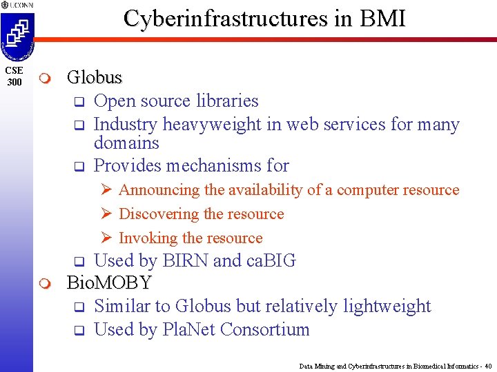 Cyberinfrastructures in BMI CSE 300 m Globus q Open source libraries q Industry heavyweight