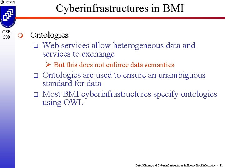 Cyberinfrastructures in BMI CSE 300 m Ontologies q Web services allow heterogeneous data and