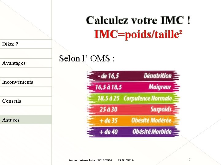 Calculez votre IMC ! IMC=poids/taille² Diète ? Avantages Selon l’ OMS : Inconvénients Conseils