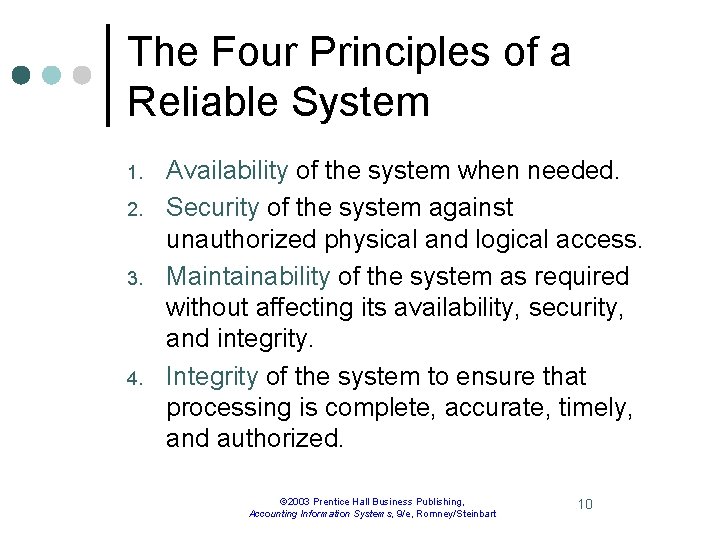 The Four Principles of a Reliable System 1. 2. 3. 4. Availability of the