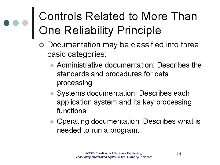 Controls Related to More Than One Reliability Principle ¢ Documentation may be classified into