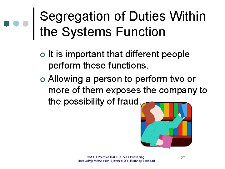 Segregation of Duties Within the Systems Function It is important that different people perform