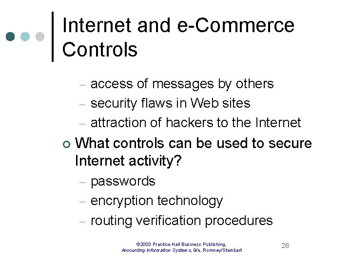 Internet and e-Commerce Controls – – – ¢ access of messages by others security