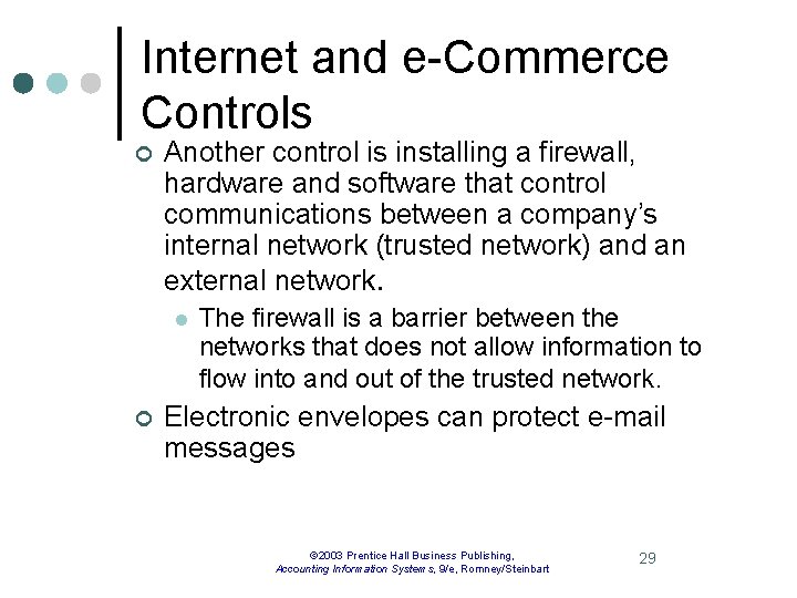 Internet and e-Commerce Controls ¢ Another control is installing a firewall, hardware and software