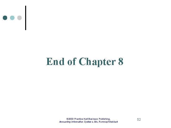 End of Chapter 8 © 2003 Prentice Hall Business Publishing, Accounting Information Systems, 9/e,
