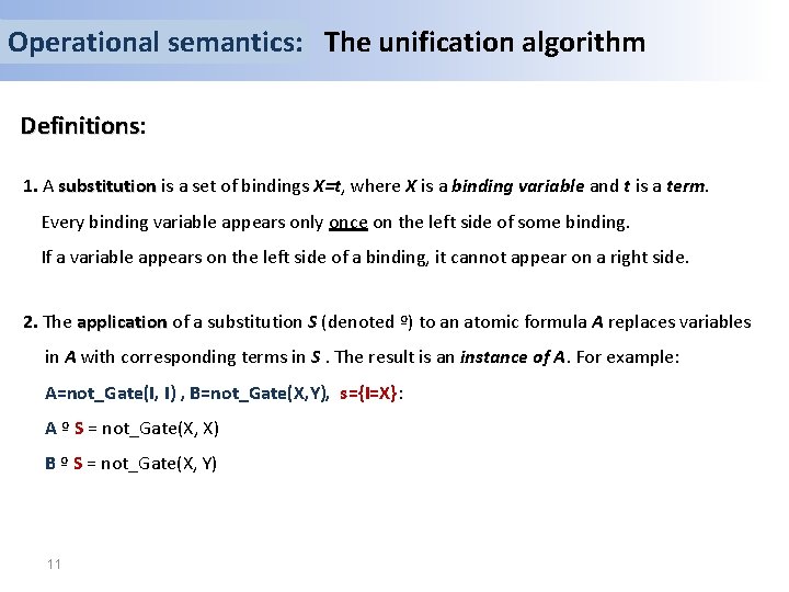 Operational semantics: The unification algorithm Definitions: Definitions 1. A substitution is a set of