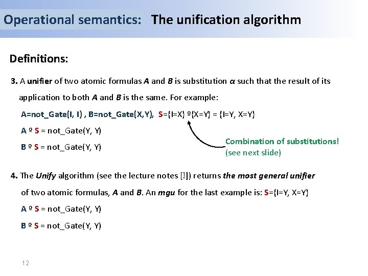 Operational semantics: The unification algorithm Definitions: Definitions 3. A unifier of two atomic formulas