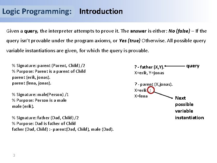 Logic Programming: Introduction Given a query, the interpreter attempts to prove it. The answer