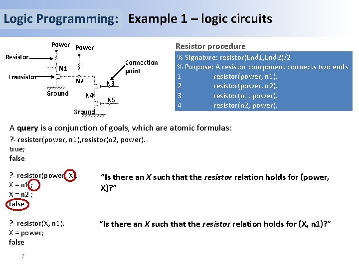 Logic Programming: Example 1 – logic circuits Power Resistor procedure Resistor Transistor Connection point