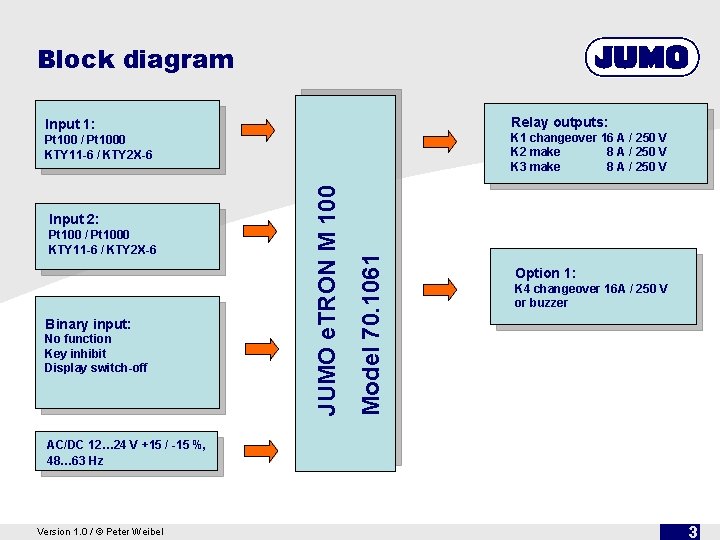 Block diagram Relay outputs: Input 1: K 1 changeover 16 A / 250 V