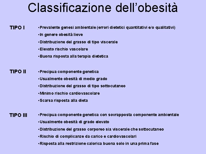 Classificazione dell’obesità TIPO I • Prevalente genesi ambientale (errori dietetici quantitativi e/o qualitativi) •