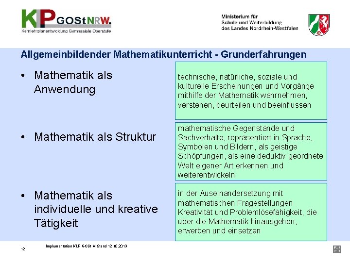 Allgemeinbildender Mathematikunterricht - Grunderfahrungen • Mathematik als Anwendung • Mathematik als Struktur • Mathematik