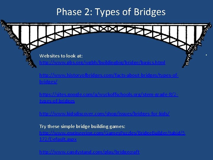 Phase 2: Types of Bridges Websites to look at: http: //www. pbs. org/wgbh/buildingbig/bridge/basics. html